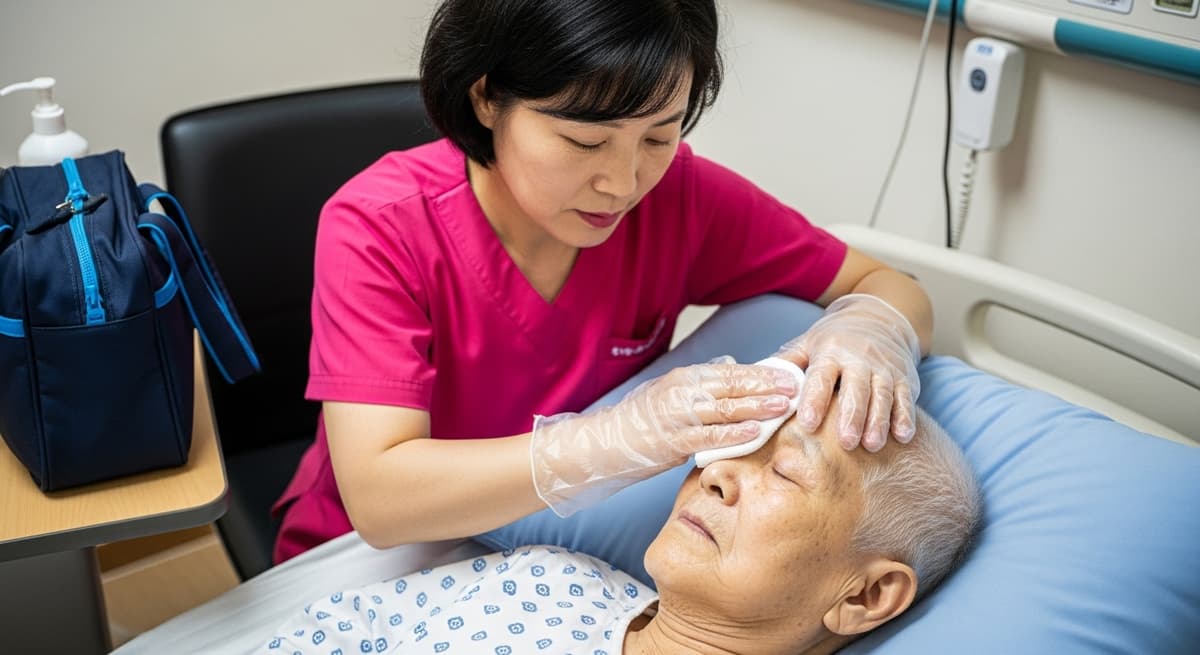 아픈 사람을 도와주는 아시아계 중년 여성